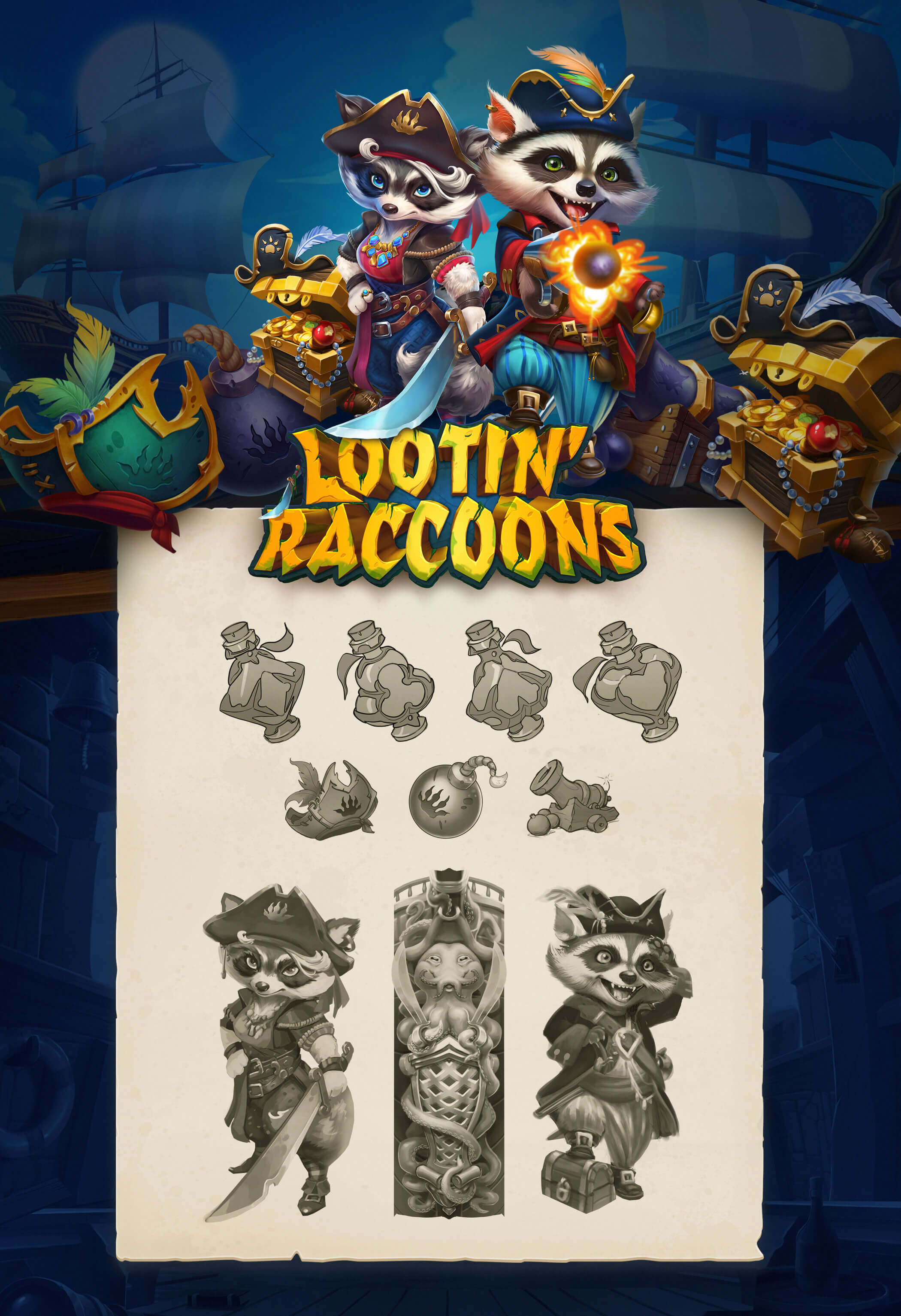 Lootin’ Raccoons slot machine concept art