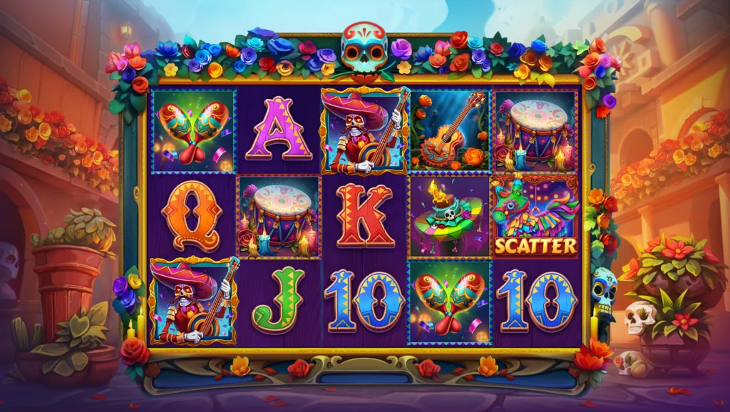 A Mexico-themed slot interface. Slots display vibrant symbols, inclusing numbers and letters, mexican musical instruments, festival hats, and whimsical, decorated sceletons "calacas".